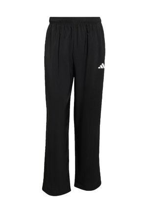 Schwarze Sporthose mit lockerer Passform, elastischem Bund und dezentem weißen Drei-Streifen-Logo auf der unteren linken Seite. Hergestellt aus leichtem Stoff.