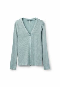 Jasnoniebieski kardigan z dekoltem w serek, długimi rękawami i zapięciem na guziki. Teksturowana tkanina o miękkim, prążkowanym wzorze.