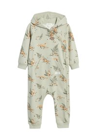 Mintgrön jumpsuit med huva, med ett skogstema-präglat mönster av rävar och ormbunkar. Inkluderar en framficka och ribbade ärmslut. Blandning av bomull.