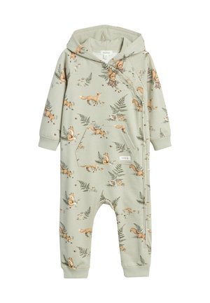 Mintgrøn jumpsuit med hætte, der har et skov-tema mønster af ræve og bregner. Inkluderer en frontlomme og ribbede manchetter. Blandingsstof af bomuld.