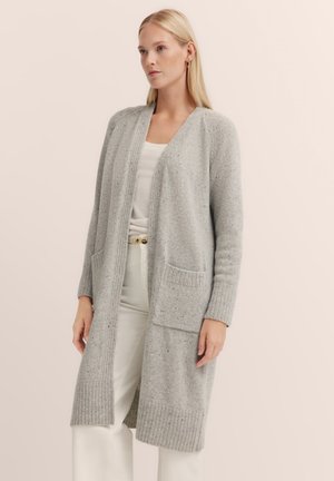 Light grey long cardigan made of textured knit fabric, featuring ribbed cuffs and hem, and two front pockets for functionality.