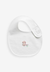 Bavaglino bianco in cotone a forma arrotondata, con un coniglietto ricamato rosa e un motivo floreale. Si chiude con due bottoni a pressione.