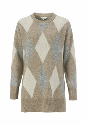 Beige en grijs argyle-patroon sweater met een ronde halslijn, lange mouwen en geribbelde zoom. Gemaakt van een zachte, gestructureerde stof.