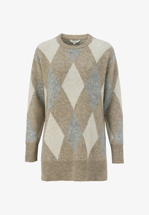 Beiger und grauer Pullover im Argyle-Muster mit Rundhalsausschnitt, langen Ärmeln und geripptem Saum. Hergestellt aus einem weichen, strukturierten Material.