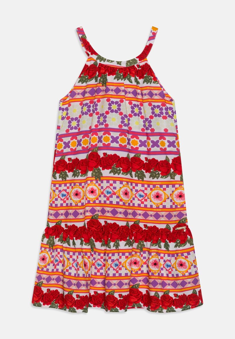 Sukienka bez rękawów w kwiatowy wzór z falbaną na dole, ozdobiona czerwonymi różami oraz geometrycznymi wzorami w kolorze różowym, fioletowym, żółtym i białym. Wykonana z bawełny.