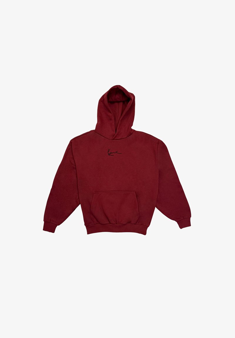 Burgunderfarbener Hoodie aus weichem Stoff mit einer Fronttasche und schwarzem Logo auf der Brust. Klassisches Design mit Kapuze und Kordelzug.