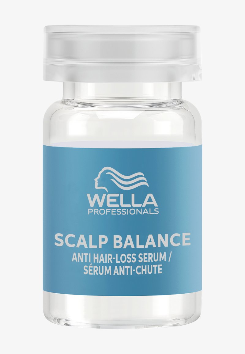Flacon en verre transparent avec une étiquette bleue indiquant "Wella Professionals Scalp Balance Anti Hair-Loss Serum" et un bouchon en plastique blanc.