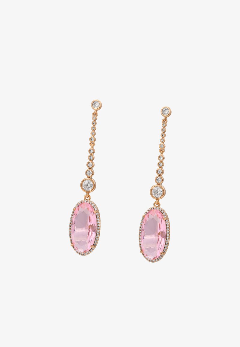 Náušnice z růžového zlata s protáhlými růžovými oválnými drahokamy, doplněné jasnými kulatými kameny podél řetízku. Vlesklý povrch, elegantní design.