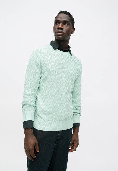 Άνδρας φορώντας ένα ανοιχτό πράσινο υφασμάτινο πουλόβερ πάνω από ένα μαύρο πουκάμισο με γιακά, στέκεται μπροστά σε ένα απλό λευκό φόντο, κοιτάζοντας προς το πλάι.