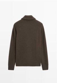 Maglione a coste di colore marrone scuro con maniche lunghe e colletto alto, mostrato di schiena su uno sfondo bianco.