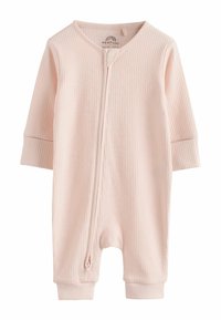 Bledoružové žebrované jednocelkové detské body s dlhými rukávmi a predným zipsom. Má manžety na zápästiach a členkoch pre pevné prispôsobenie.