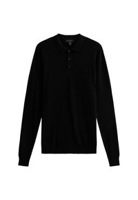 Zwarte polo met lange mouwen, voorzien van een klassieke kraag, een drie-knops sluiting en een zachte textuur. Eenvoudig ontwerp zonder patronen of versieringen.