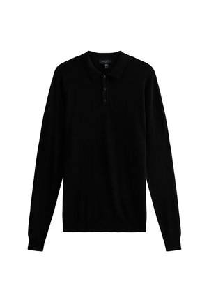 Polo de manga larga negro con cuello clásico, tapeta de tres botones y textura suave. Diseño simple sin patrones ni adornos.