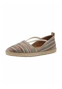 Mønstret vævet espadrille i flere farver med spidse tæer, elastiske stropper og en naturlig jute-sål. Har en struktureret overdelsstof med striber.