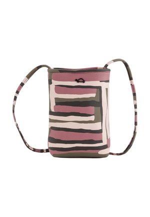 Torebka Crossbody wykonana z teksturowanej skóry; posiada abstrakcyjne paski w kolorze różowym, oliwkowym i czarnym; regulowany pasek; górne zamknięcie na sznurek.