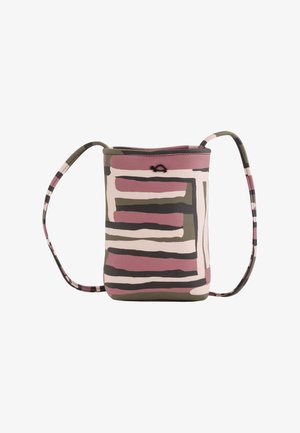 Umhängetasche aus strukturiertem Leder; mit abstrakten Streifen in Pink, Olivgrün und Schwarz; verstellbarer Riemen; obere Öffnung mit Kordelzug.
