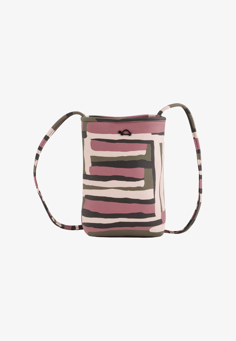 Kabelka přes tělo vyrobená z texturované kůže; má abstraktní pruhy v růžové, olivové a černé barvě; nastavitelný popruh; horní otevření se stahovací šňůrkou.