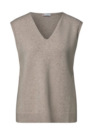 Gilet senza maniche in maglia color marrone chiaro, con scollo a V e orlo a coste, etichettato "Street One" all'interno del colletto.