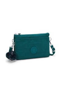 Teal stof crossbody tas med lynlås, der har et logo-mærke og en aftagelig fluffy gorilla nøglekæde. Justerbar rem inkluderet.