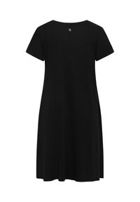 Sort kortærmet knælængde kjole med A-linje silhuet og lille rundt logo på øvre ryg.