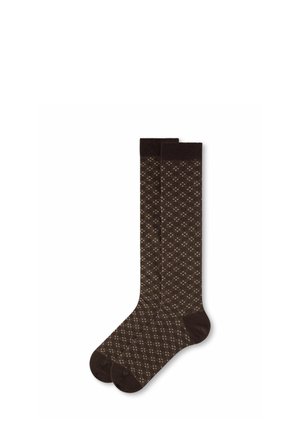 Paire de chaussettes hautes marron foncé avec petits motifs losanges beige et bouts, talons et bords unis marron foncé.