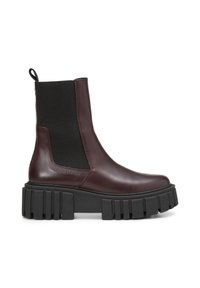 Stivaletto in pelle bordeaux con pannelli laterali in elastico nero, suola in gomma testurizzata e un tassello sul retro per una facile calzata.