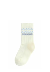 Calcetín crema con patrones de ondas azules y texto "CATCH SOME WAVES" en la sección del puño acanalado.