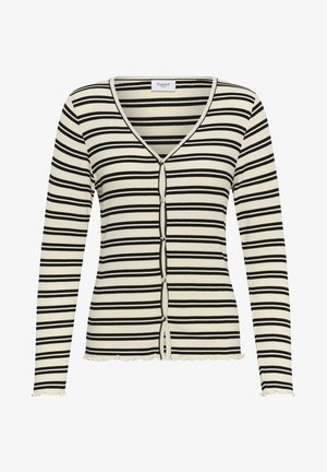 Cardigan à rayures écru et noir, texture côtelée, col en V, manches longues, fermeture à boutons, bords festonnés.