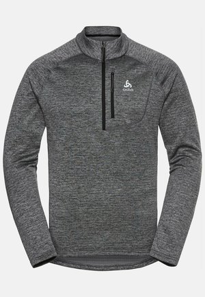 Gray long-sleeve pullover with a half-zip collar, textured fabric, chest pocket, and logo on the left side. Black zipper accents.