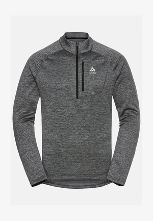Gray long-sleeve pullover with a half-zip collar, textured fabric, chest pocket, and logo on the left side. Black zipper accents.