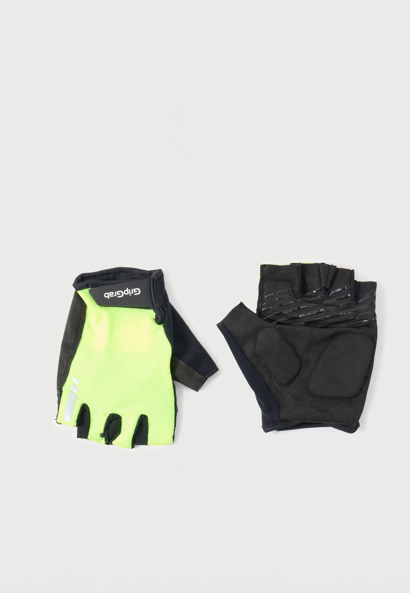 Ζευγάρι γαντιών ποδηλασίας χωρίς δάχτυλα, η μία πλευρά είναι νέον κίτρινη με μαύρο περίγραμμα και λογότυπο, η άλλη μαύρη με ενίσχυση στο κράτημα και υφασμάτινες λεπτομέρειες.