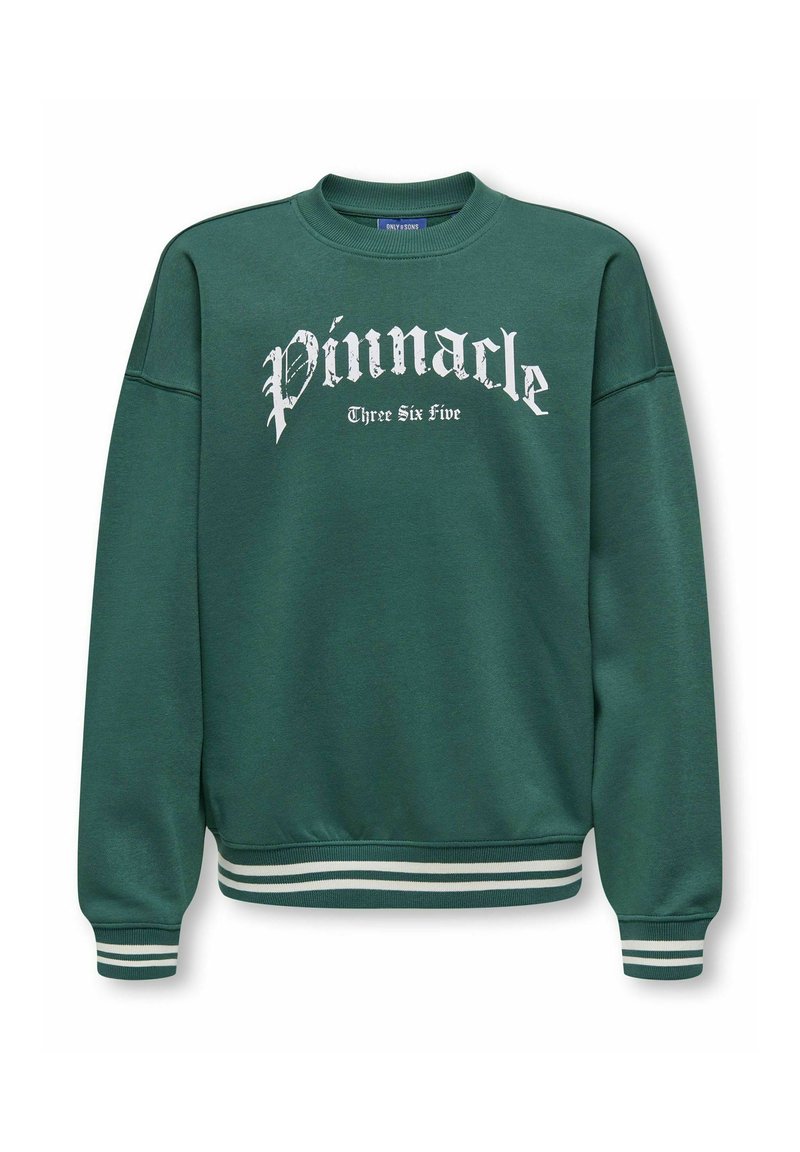 Zielona bluza z okrągłym dekoltem, z białym napisem "Pinnacle" i "Three Six Five", ściągacze na mankietach oraz białe paski na dolnym wykończeniu. Miękka faktura materiału.