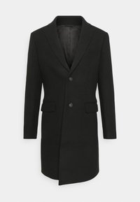 Cappotto in lana nera con rever a punta, caratterizzato da due bottoni, tasche laterali e un design a taglio dritto con un retro leggermente più lungo.