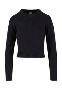 Gebreide zwarte cropped trui met een gestructureerd vierkant patroon, ronde hals en ribbels aan de onderkant. Lange mouwen en zacht materiaal.