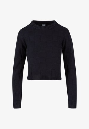 Suéter negro de punto corto con un patrón cuadrado texturizado, cuello redondo y dobladillo acanalado. Mangas largas y material suave.