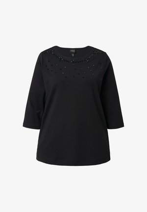Zwart top met driekwart mouwen, versierd met kralen rond de halslijn, met een gladde textuur en een losse pasvorm.