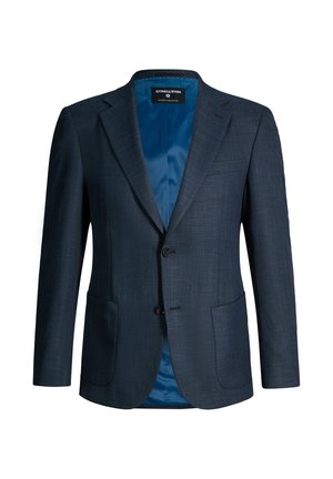 Dunkelblauer, maßgeschneiderter Herrenblazer mit zwei vorderen Knöpfen, Stegkragen, aufgesetzten Taschen und blauem Satin-Futter.