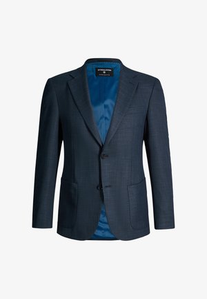Blazer da uomo blu scuro su misura con due bottoni frontali, rever a lancia, tasche applicate e fodera interna in satin blu.