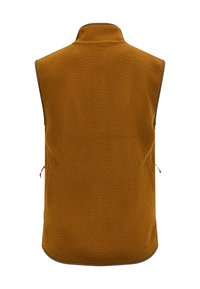 Fleeceweste in Braun mit hohem Kragen, ärmellosem Design, strukturierter Stoff und Seitentaschen mit roten Reißverschlusslaschen. Mit braunem Besatz eingefasst.