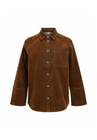 Braunes Cordhemd mit Kragen, langen Ärmeln, einer Brusttasche und weißen Ziernähten.