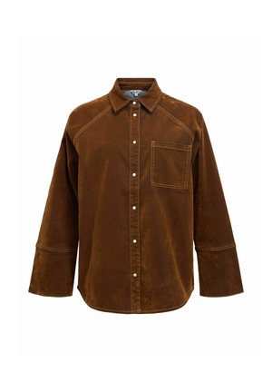 Brown corduroy shirt featuring a collared neckline, long sleeves, a single chest pocket, and white stitching accents.