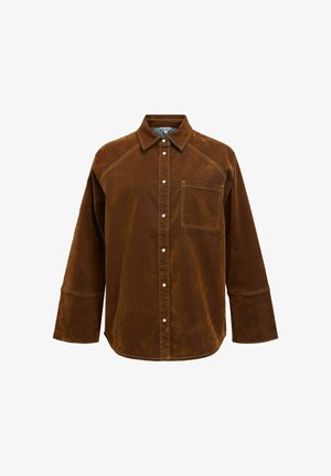 Brown corduroy shirt featuring a collared neckline, long sleeves, a single chest pocket, and white stitching accents.