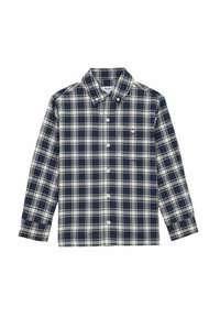 Camisa de cuadros azul marino y beige de manga larga, hecha de algodón, con cuello abotonado, botones en el frente y un bolsillo en el pecho.