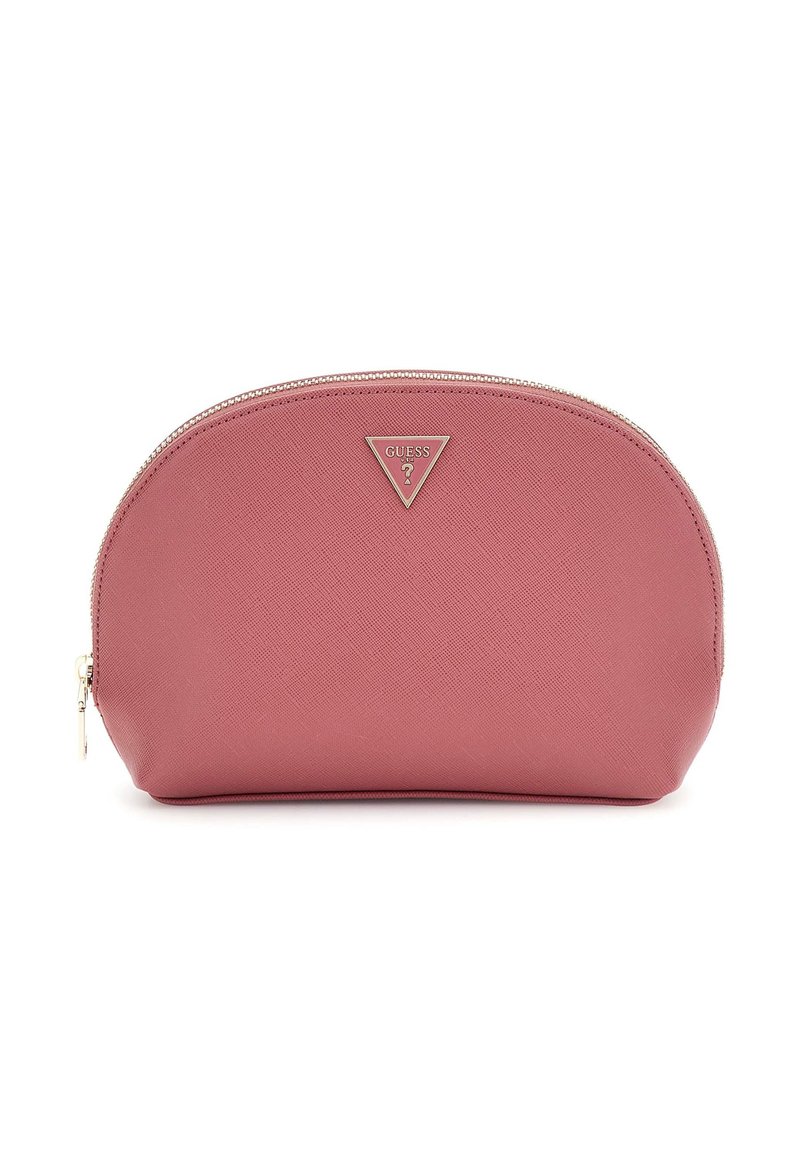 Borsa cosmetica sintetica rosa, dalla forma arrotondata, con superficie testurizzata e chiusura a zip argentata. Presenta un logo triangolare argentato sul fronte.