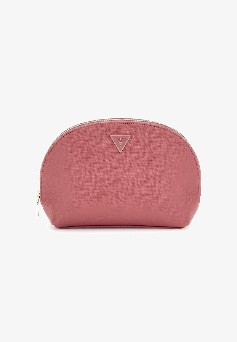 Borsa cosmetica sintetica rosa, dalla forma arrotondata, con superficie testurizzata e chiusura a zip argentata. Presenta un logo triangolare argentato sul fronte.