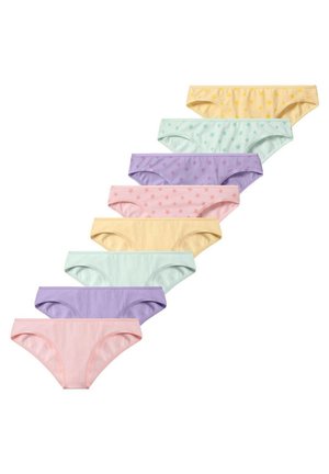 Seven pairs of panties in pastel colors: yellow, green, light blue, lavender, pink, each with a solid color or star pattern. Cotton fabric.