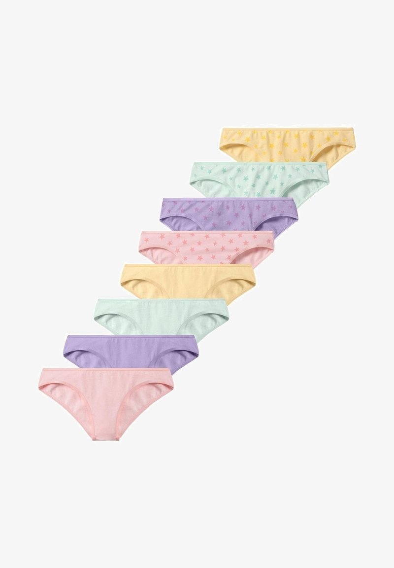 Septi pāri apakšbiksīšu pasteļkrāsās: dzeltenā, zaļā, gaiši zilos, lavandas, rozā, katra ar vienkrāsainu vai zvaigžņu rakstu. Kokvilnas audums.