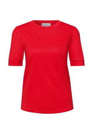 Blouse rouge à manches courtes avec encolure ronde et léger détail de fronces aux coutures d'épaule.