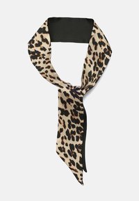 Zijden sjaal met luipaardprint en een gladde textuur, voorzien van een effen zwarte band aan de bovenkant en langwerpige uiteinden voor veelzijdige styling.