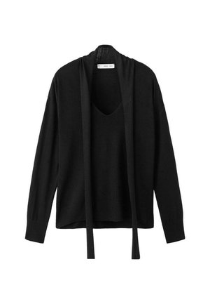 Suéter negro ligero de punto con escote en V, mangas largas y detalles de lazo en la parte frontal. Textura suave con un corte holgado.